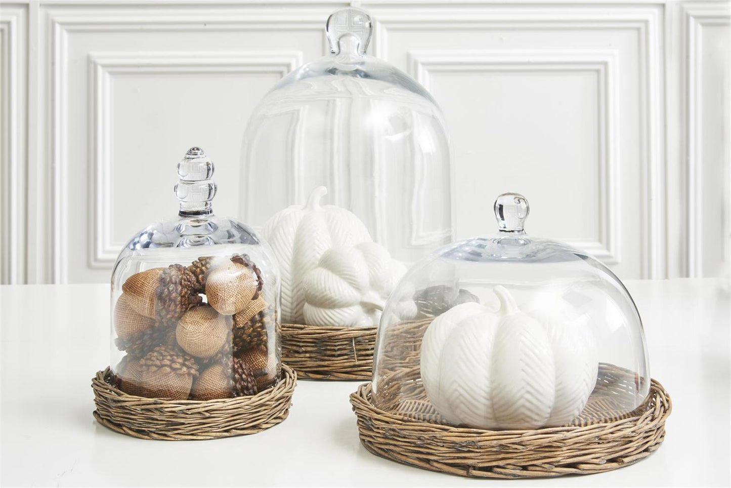 Glass Cloches w/Woven Wicker Tray