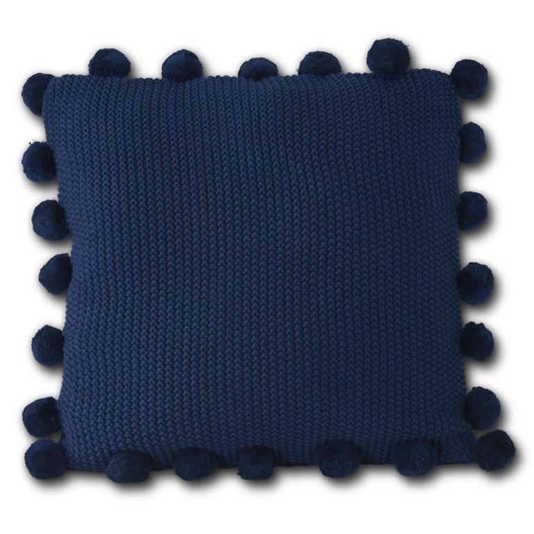MOSS STITCH KNIT PILLOW W/POMPOM TRIM - BLUE