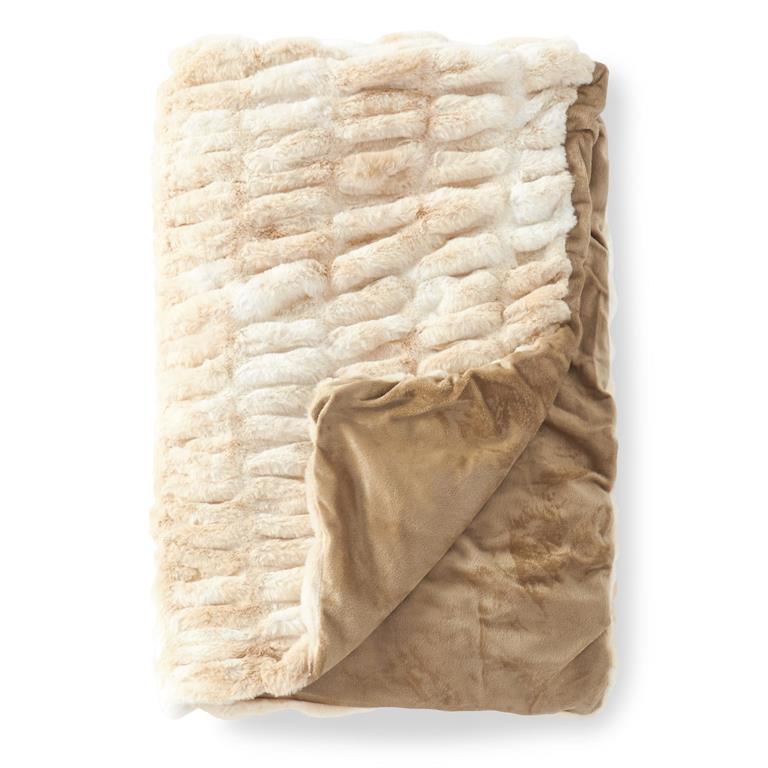 RIBBED FAUX FUR THROW - CREAM & TAN