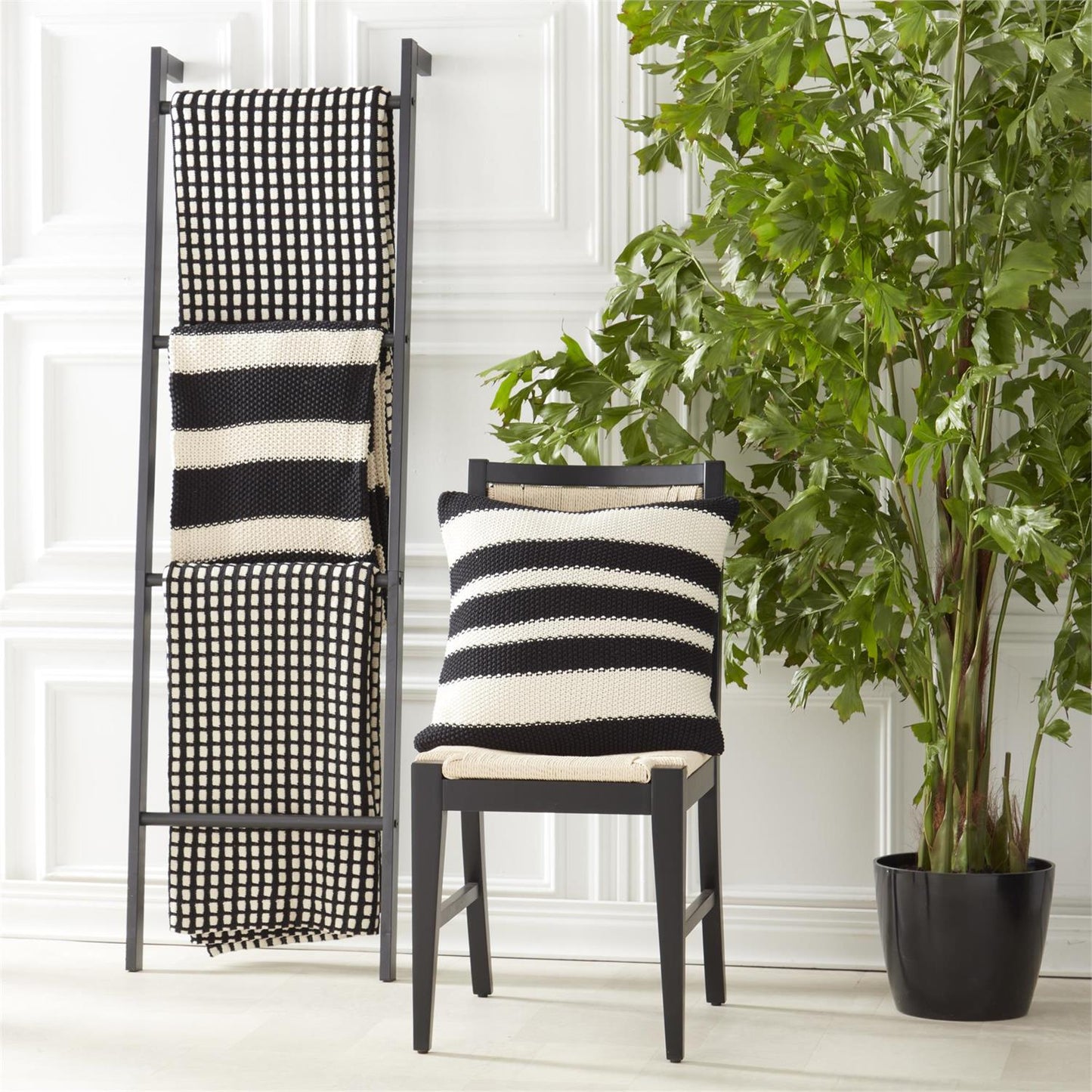 COTTON KNIT BLACK & CREAM STRIPED THROW BLANKET