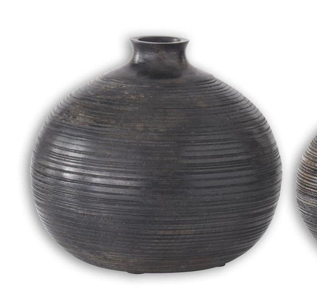 Black Weathered Groove Carved Round Vase