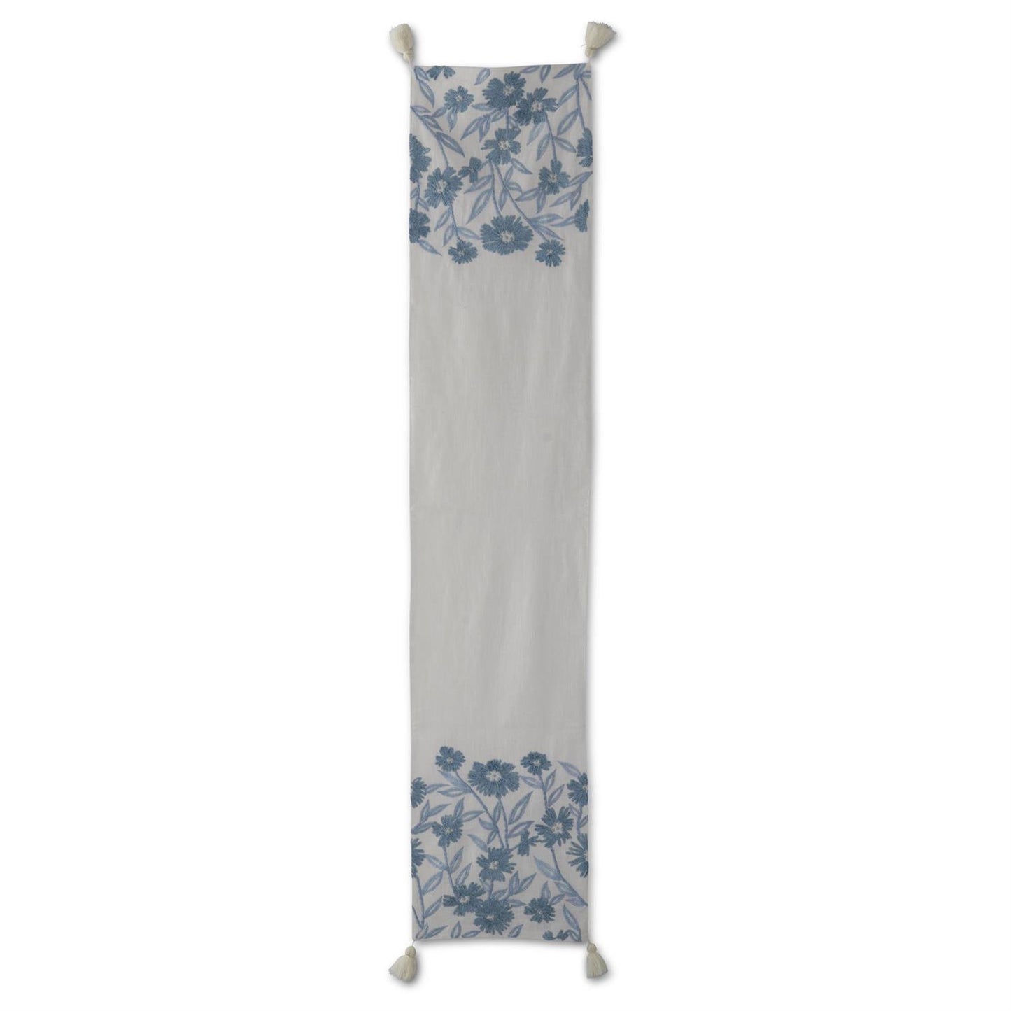 White Linen & Blue Embroidered Floral Table Runner