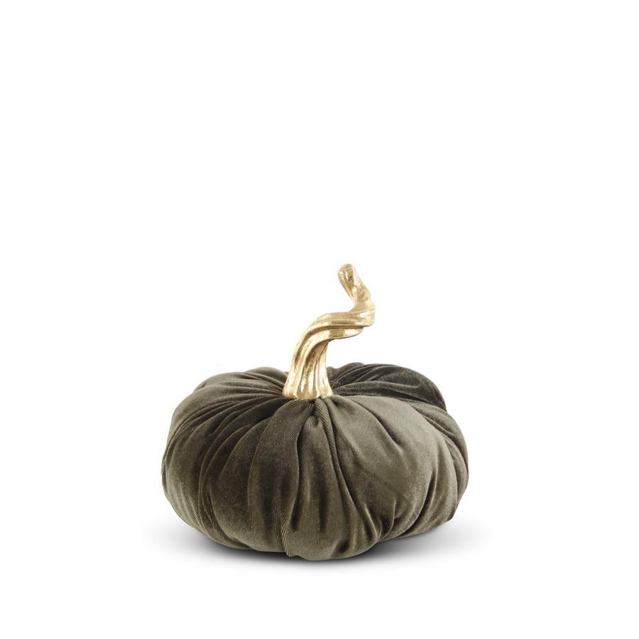 GREEN VELVET STUFFED PUMPKIN W/TWISTED GOLD STEM