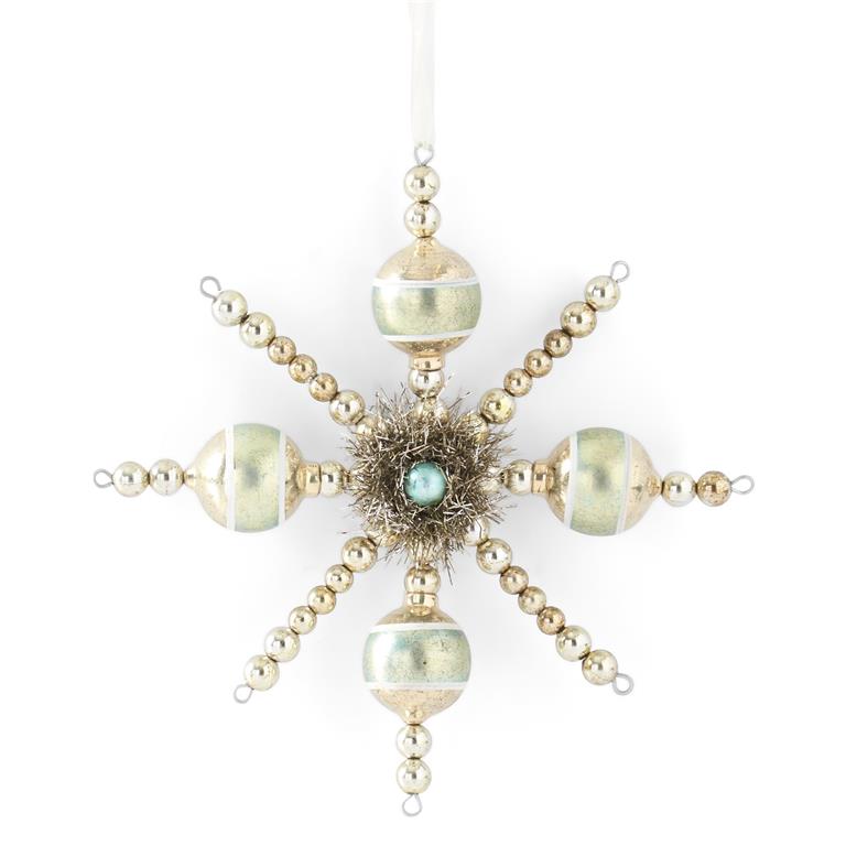 Champagne & Aquamarine Vintage Snowflake Ornament w/Tinsel