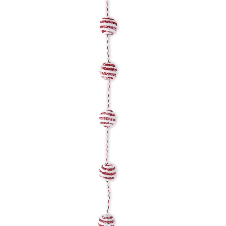 Glittered Snowy Red & White Yarn Striped Ball Garland