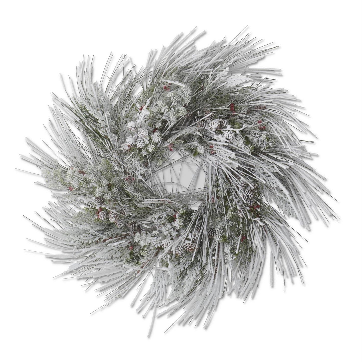 Flocked Long Needle Pine Wreath w/Red Berries & Mini Pinecones