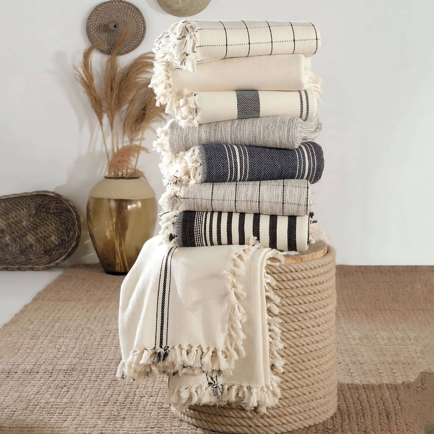 Minimalist 100% Cotton Throw Blanket - Cream