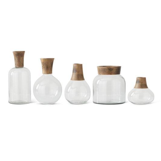GLASS AND WOOD VASES 5.25"