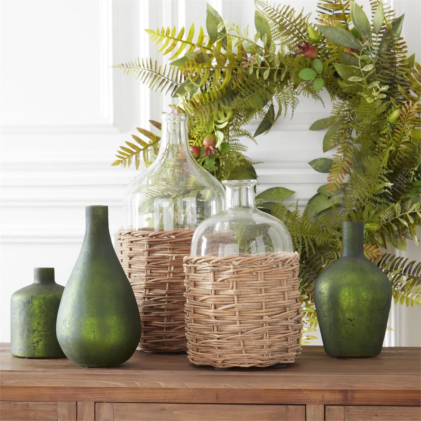 Clear Glass Bottles in Woven Rattan Basket