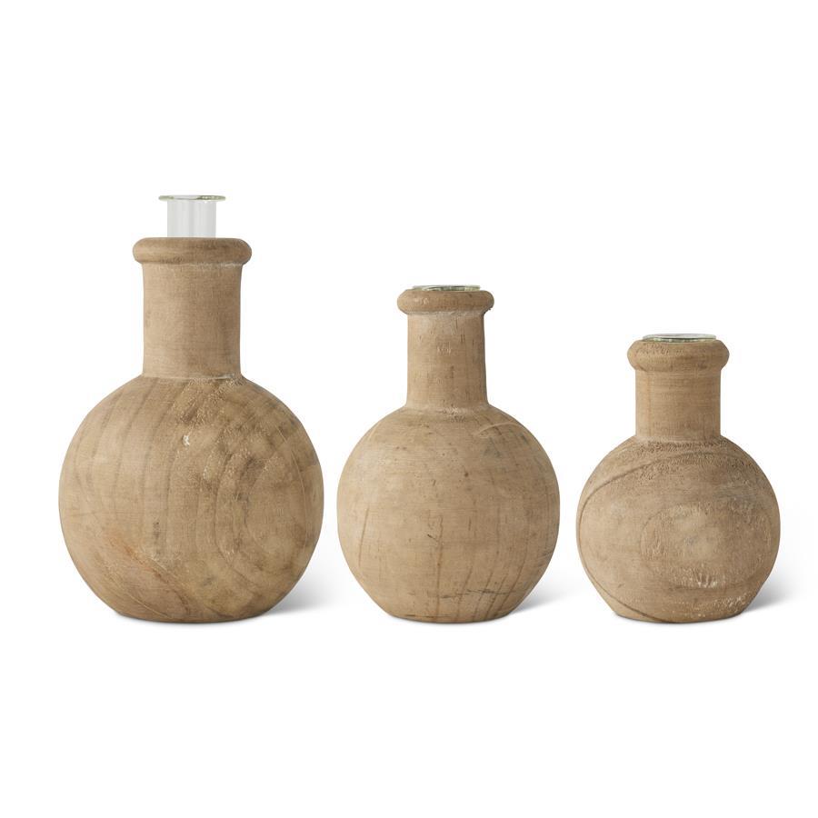 PINE WOOD BUD VASES W/GLASS INSERTS