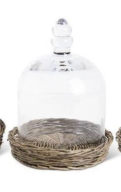 Glass Cloches w/Woven Wicker Tray