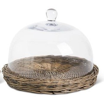 Glass Cloches w/Woven Wicker Tray