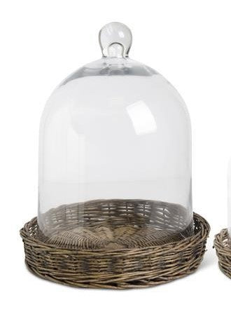 Glass Cloches w/Woven Wicker Tray