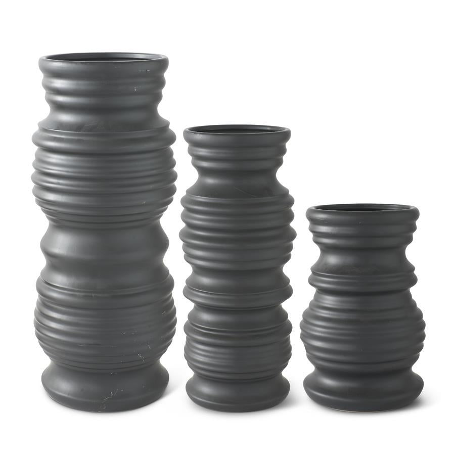 MATTE BLACK STONEWARE RIBBED VASES