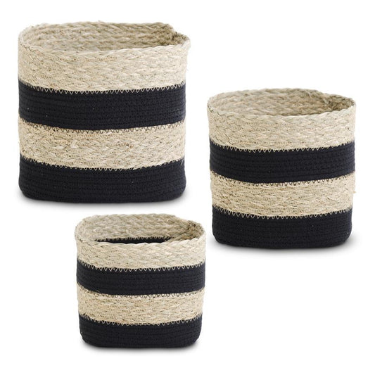 SQUARE BLACK STRIPED SEAGRASS AND ROPE BASKETS