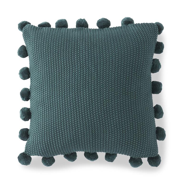 MOSS STITCH KNIT PILLOW W/POMPOM TRIM - HUNTER GREEN