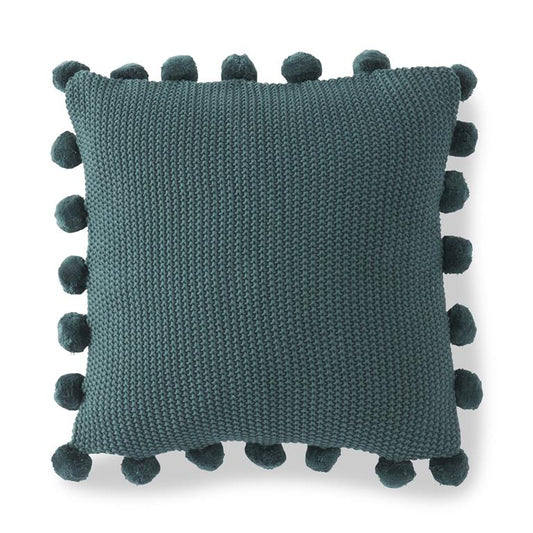MOSS STITCH KNIT PILLOW W/POMPOM TRIM - HUNTER GREEN