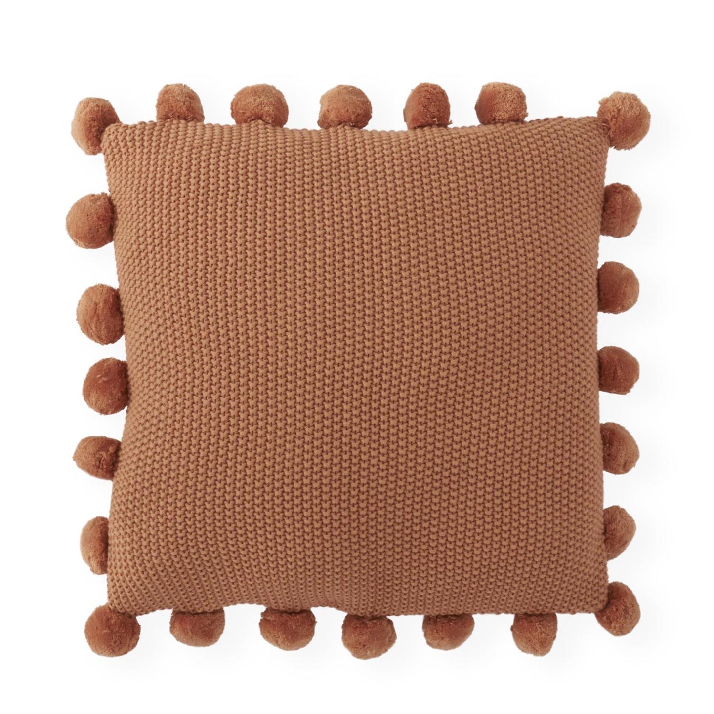 MOSS STITCH KNIT PILLOW W/POMPOM TRIM -RUST
