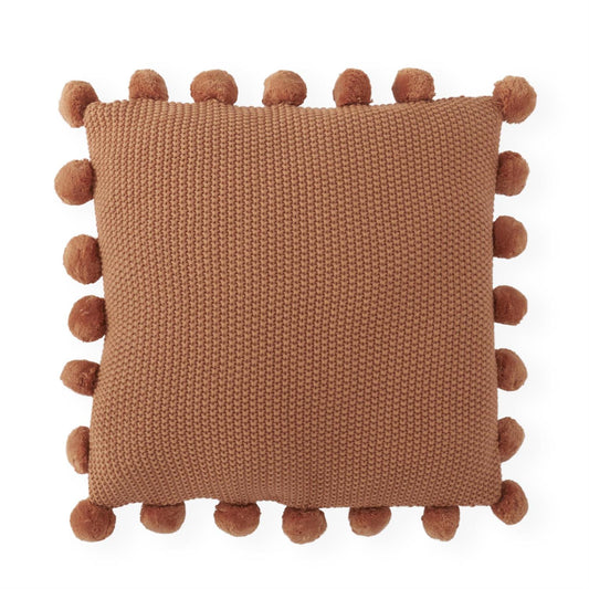 MOSS STITCH KNIT PILLOW W/POMPOM TRIM -RUST
