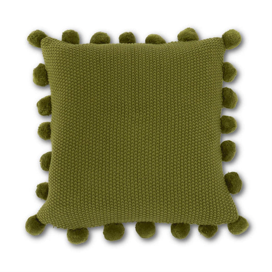 MOSS STITCH KNIT PILLOW W/POMPOM TRIM -SAGE GREEN