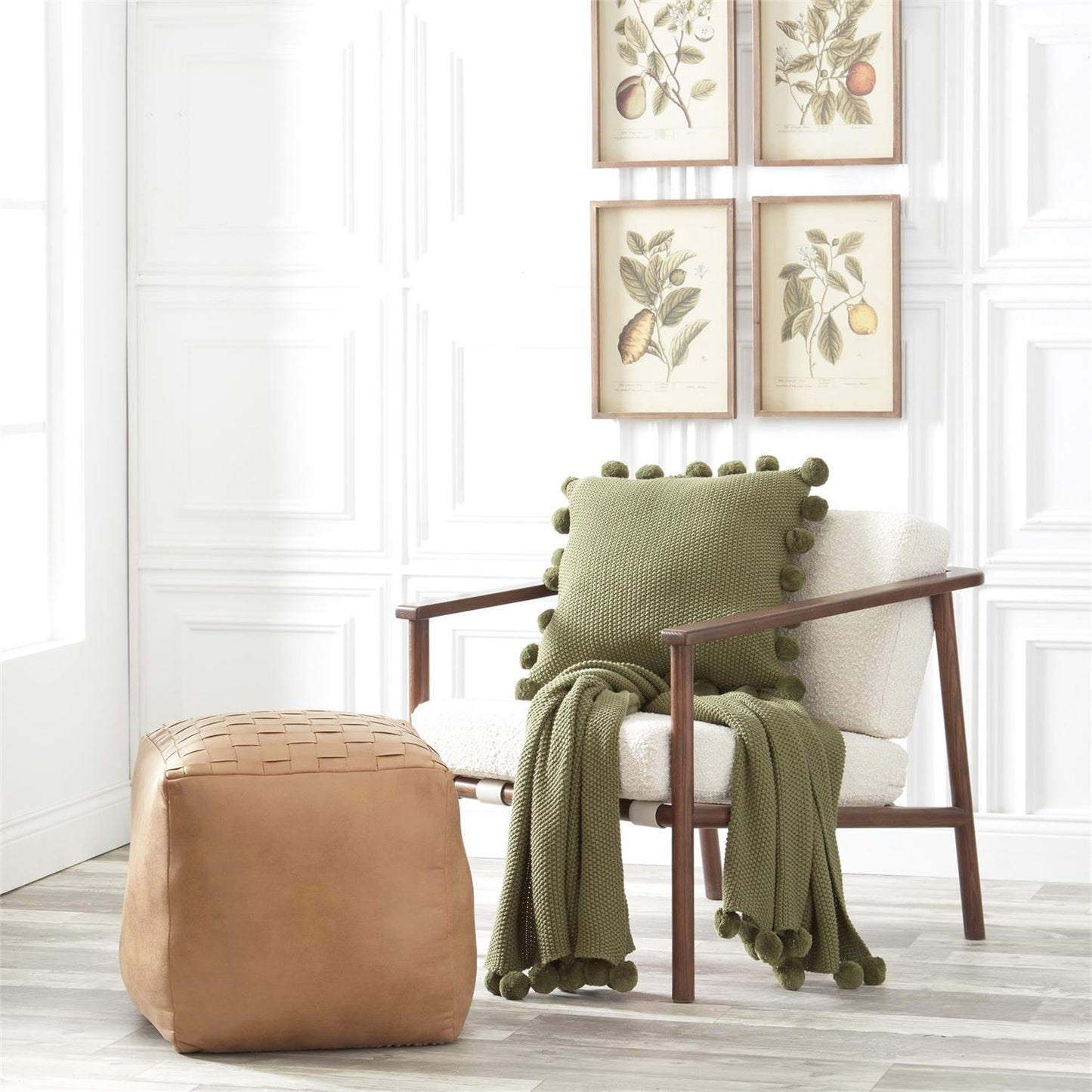 MOSS STITCH KNIT PILLOW W/POMPOM TRIM -SAGE GREEN