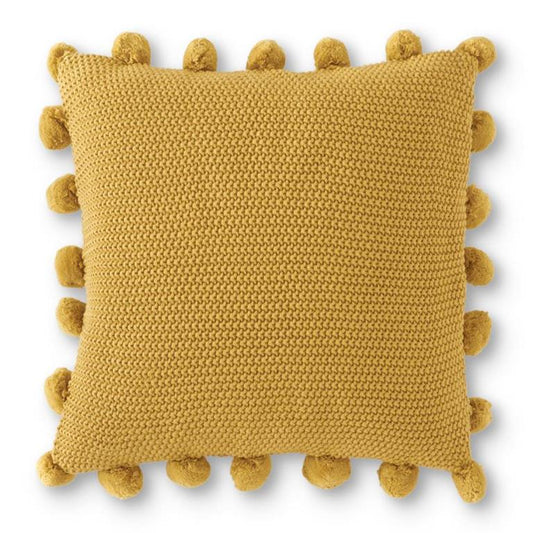 MOSS STITCH KNIT PILLOW W/POMPOM TRIM -YELLOW