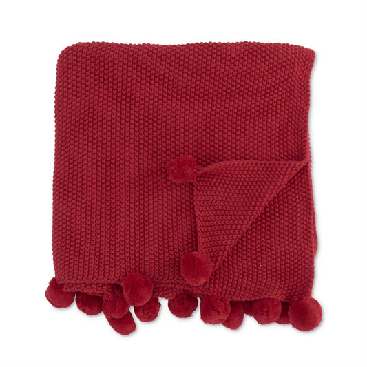 Red Moss Stitch Knit Throw Blanket w/Pompom Trim
