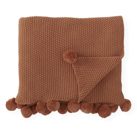RUST MOSS STITCH KNIT THROW BLANKET W/POMPOM TRIM