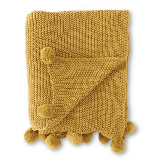 KNIT THROW W/POMPOM TRIM - YELLOW