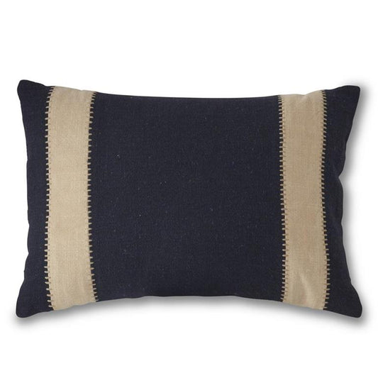 Rectangular Navy Blue w/Cream Hand Embroidered Pillow