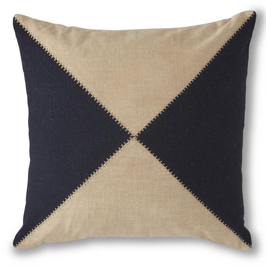 SQUARE NAVY BLUE W/CREAM HAND EMBROIDERED TRIANGLES PILLOW