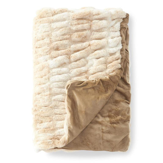 RIBBED FAUX FUR THROW - CREAM & TAN