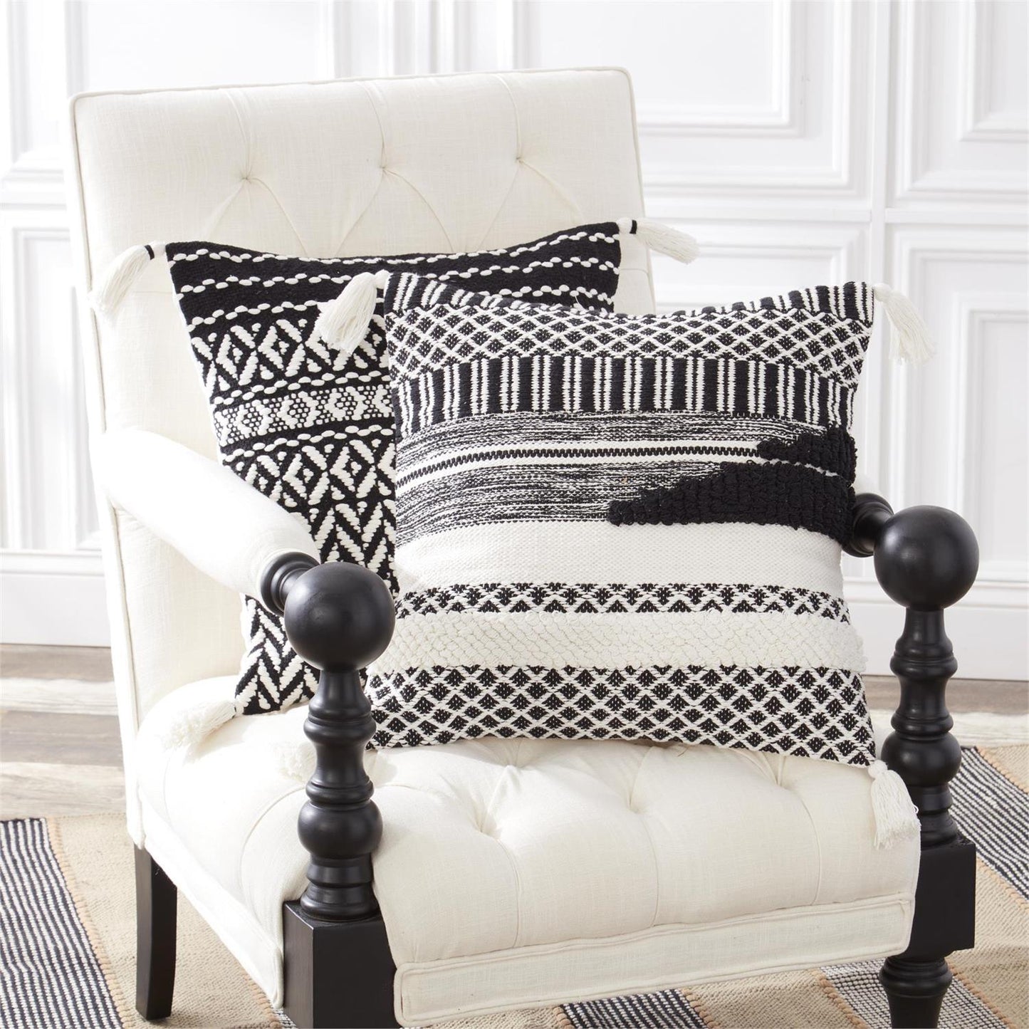 Black & White Loom Woven Pillow w/Tassels