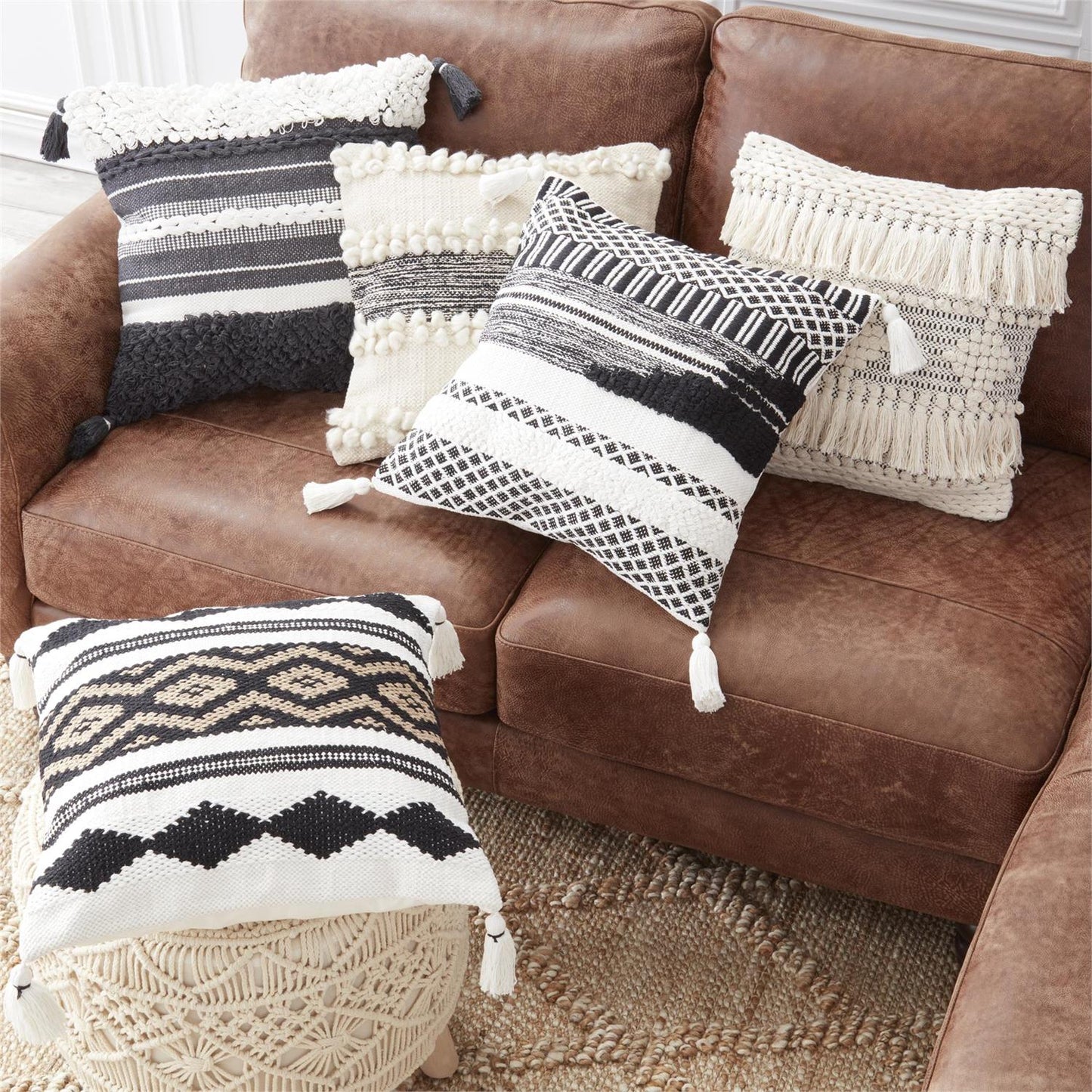 Gray & Cream Loom Woven Pillow w/Tassels