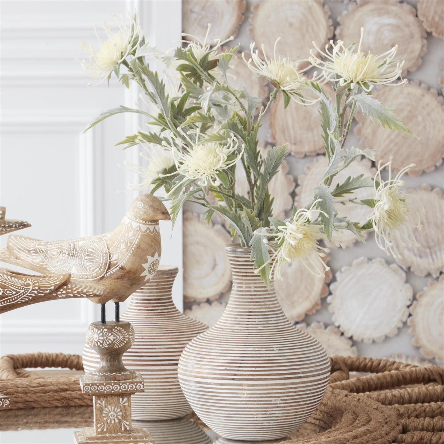 WHITEWASHED WOOD CARVED STRIPE VASE