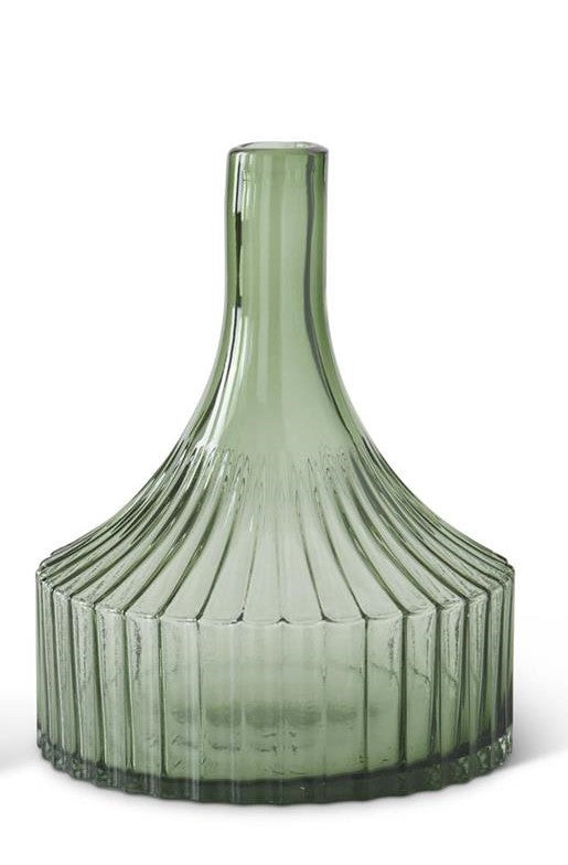 Transparent Green Glass Vertical Ribbed Vase