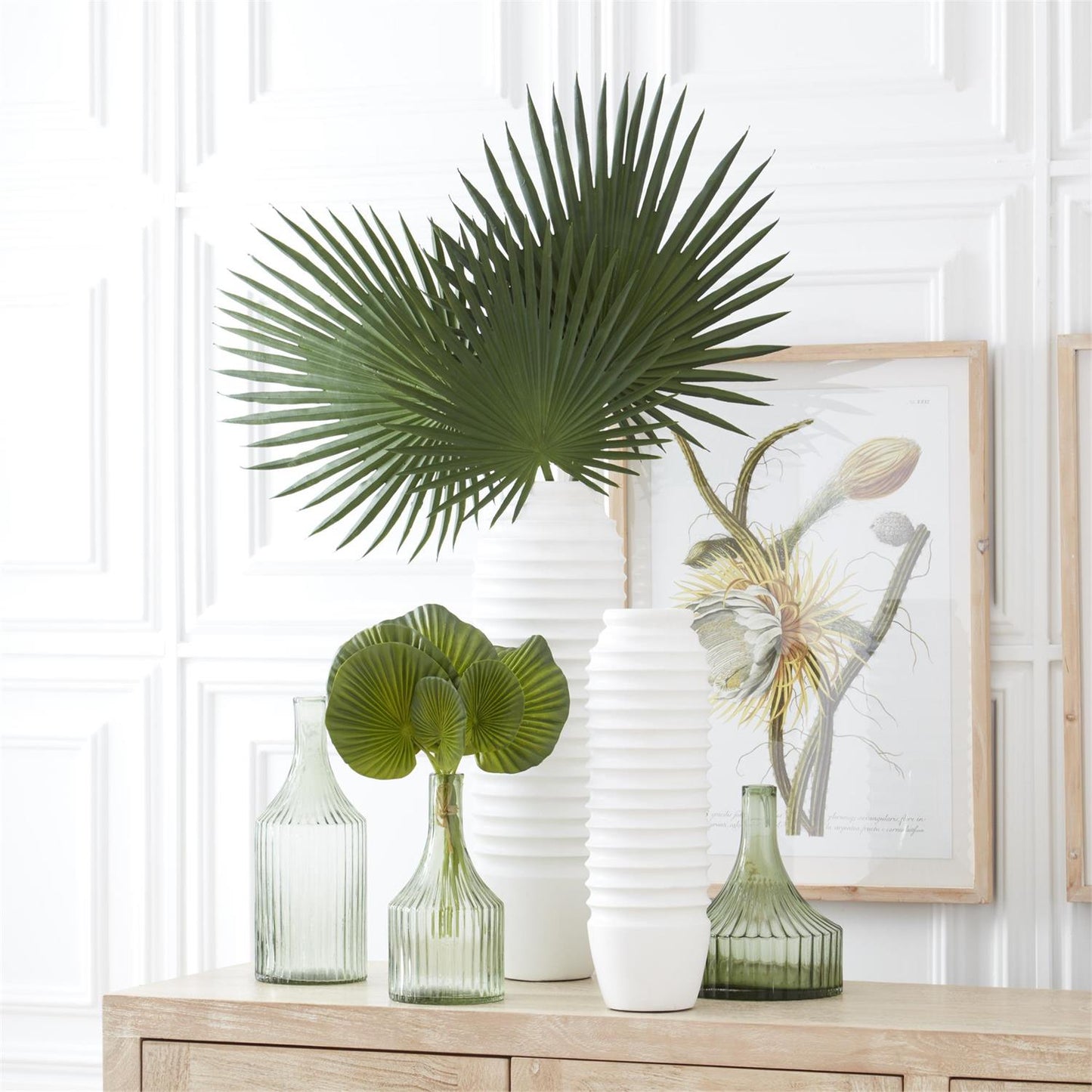 Transparent Green Glass Vertical Ribbed Vase
