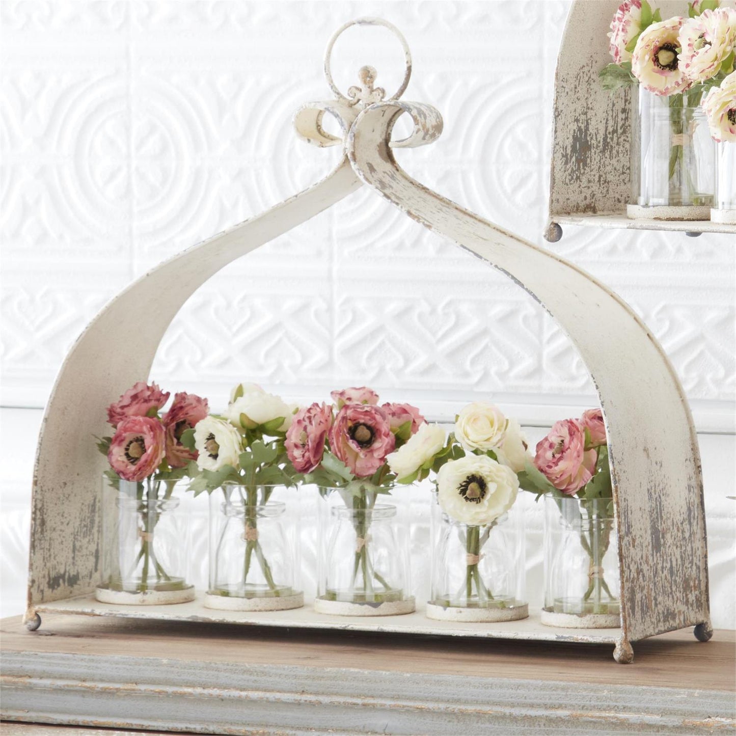 White w/Pink Ranunculus Bouquet in Glass Vase
