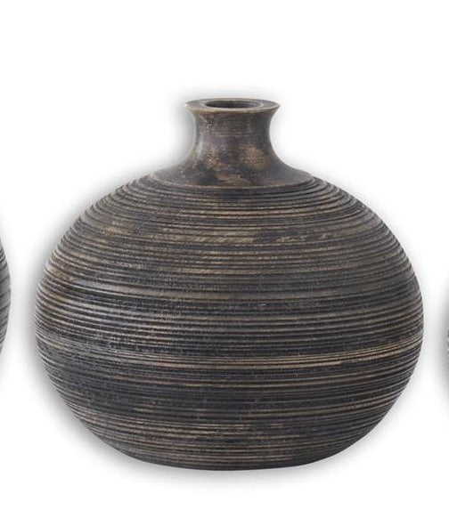 Black Weathered Groove Carved Round Vase