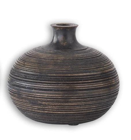 Black Weathered Groove Carved Round Vase