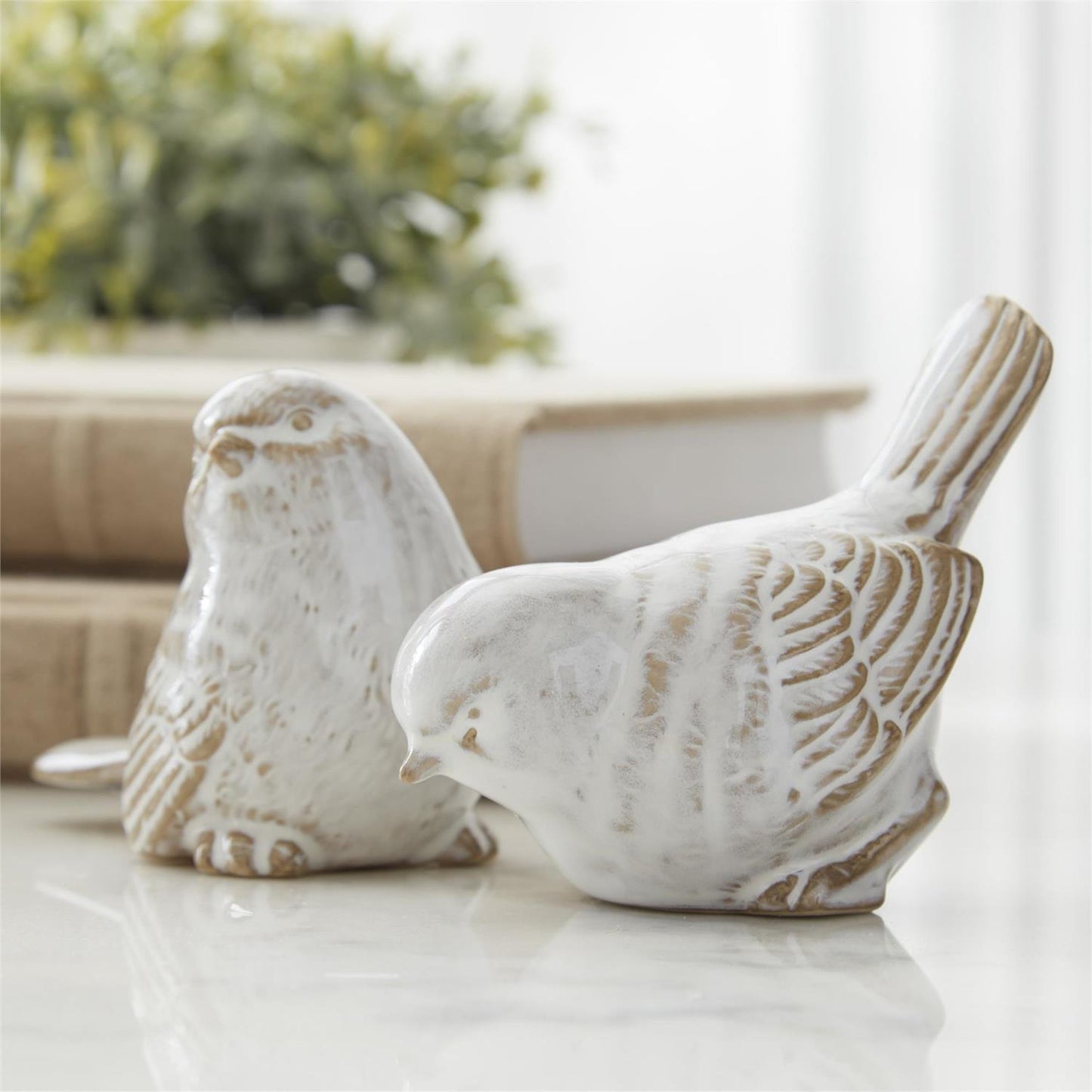 Cream & Taupe Glazed Ceramic Bird