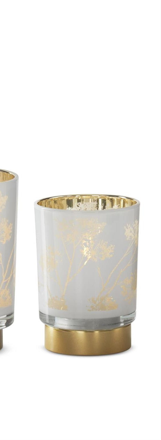 White & Gold Interior Floral Print Glass Cylinder w/LED & Timer
