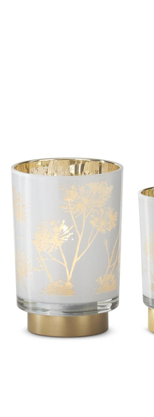 White & Gold Interior Floral Print Glass Cylinder w/LED & Timer