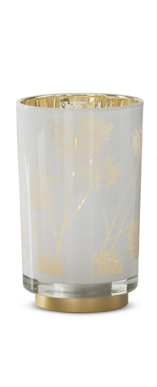 White & Gold Interior Floral Print Glass Cylinder w/LED & Timer