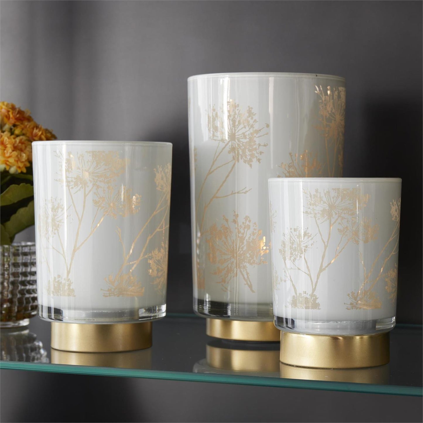 White & Gold Interior Floral Print Glass Cylinder w/LED & Timer
