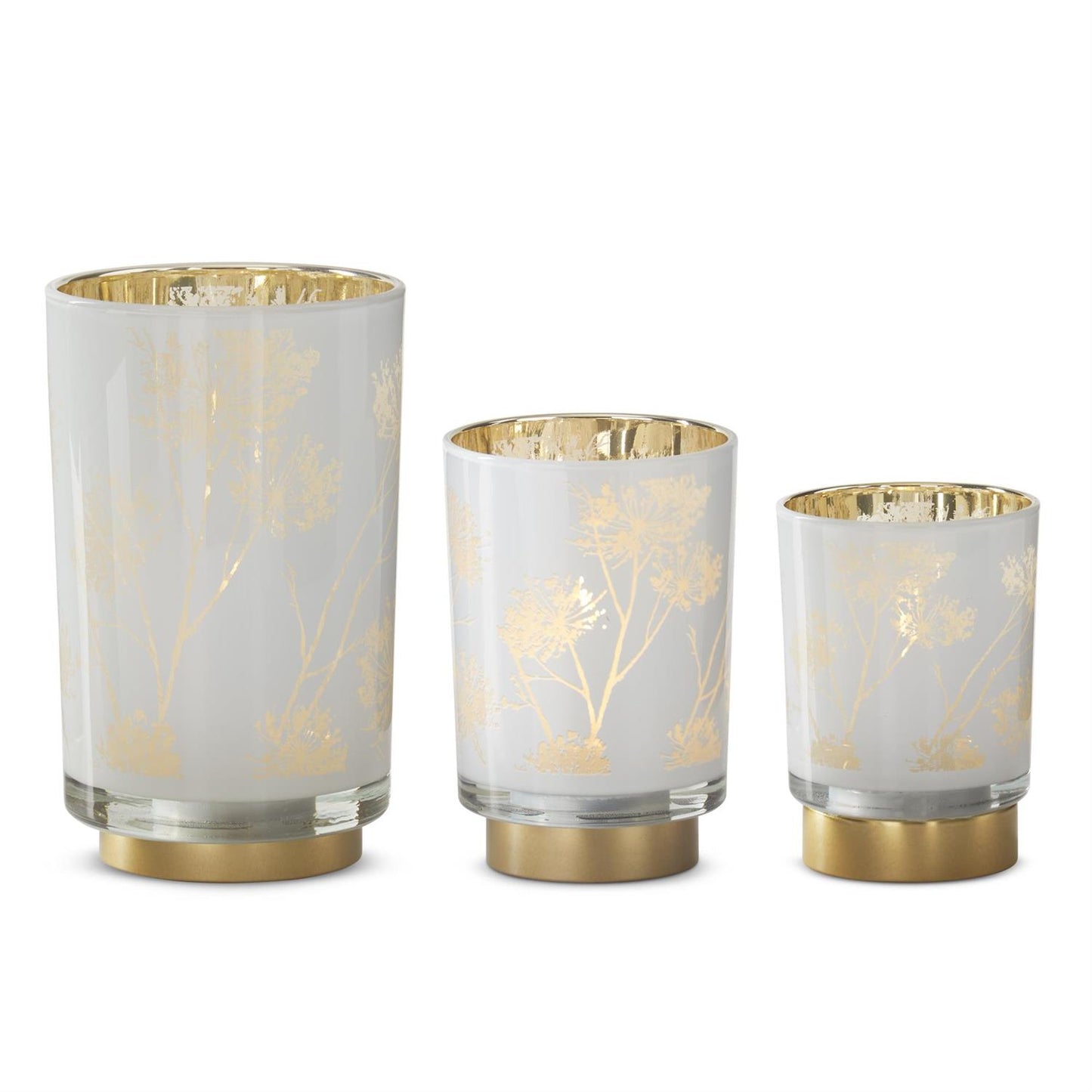 White & Gold Interior Floral Print Glass Cylinder w/LED & Timer