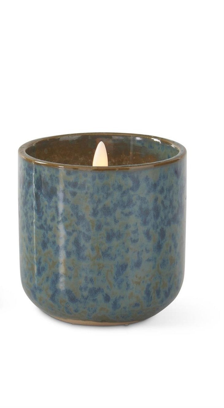 Flicker Flame LED Candles in Blue-Green Glazed Ceramic Container