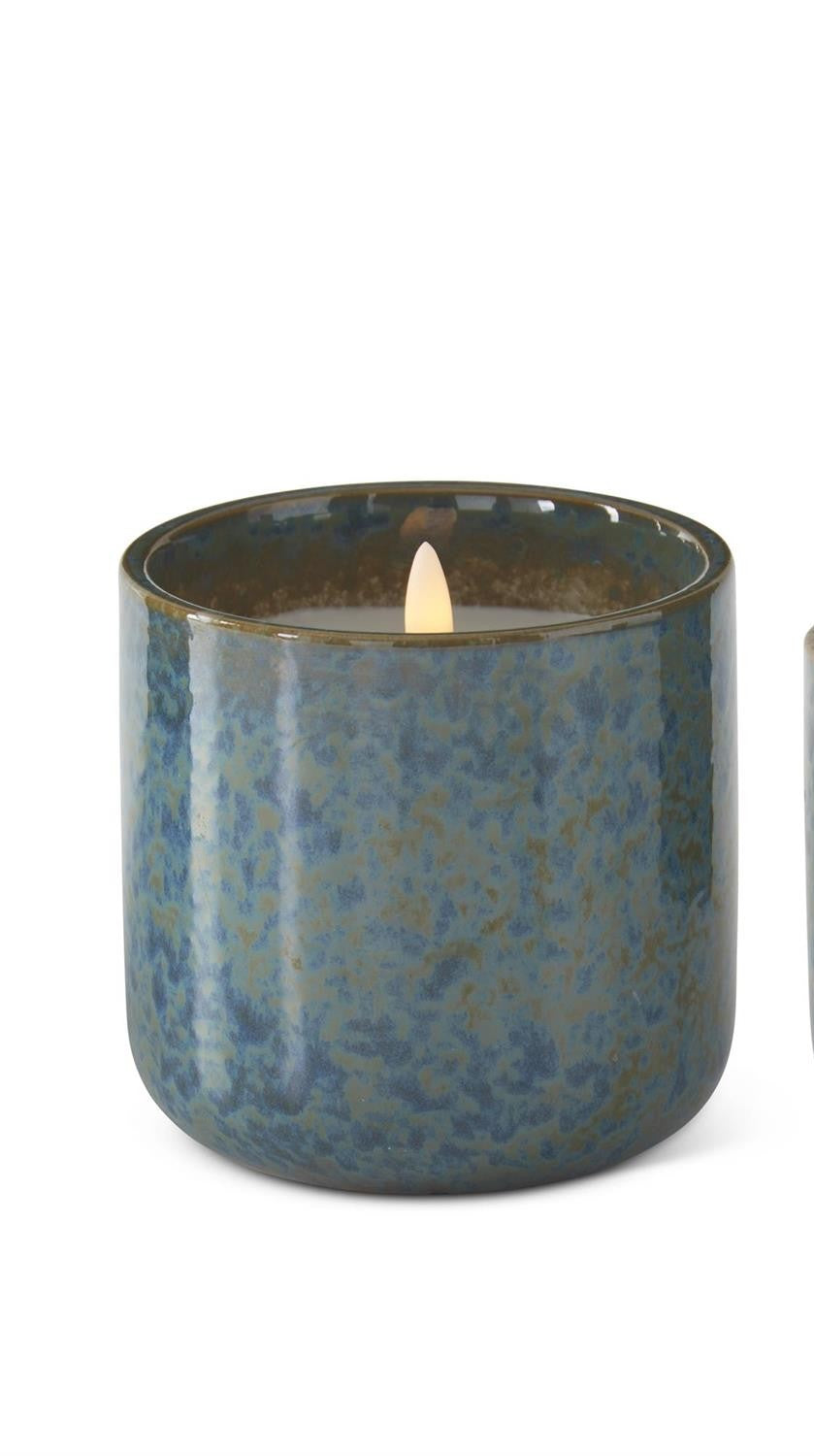 Flicker Flame LED Candles in Blue-Green Glazed Ceramic Container