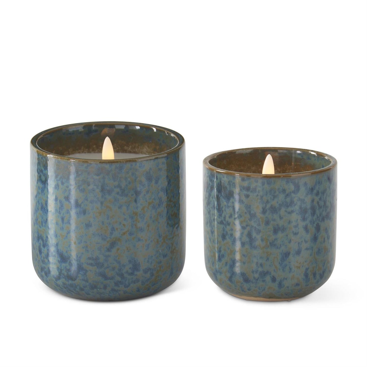 Flicker Flame LED Candles in Blue-Green Glazed Ceramic Container