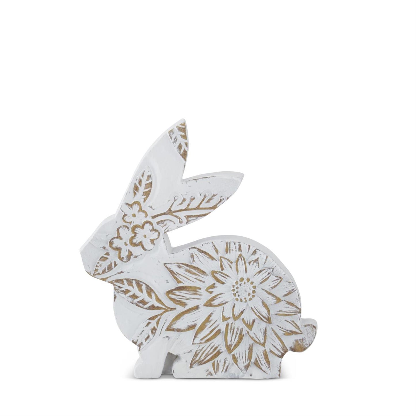 Resin Sitting Whitewashed Floral Carved Bunny